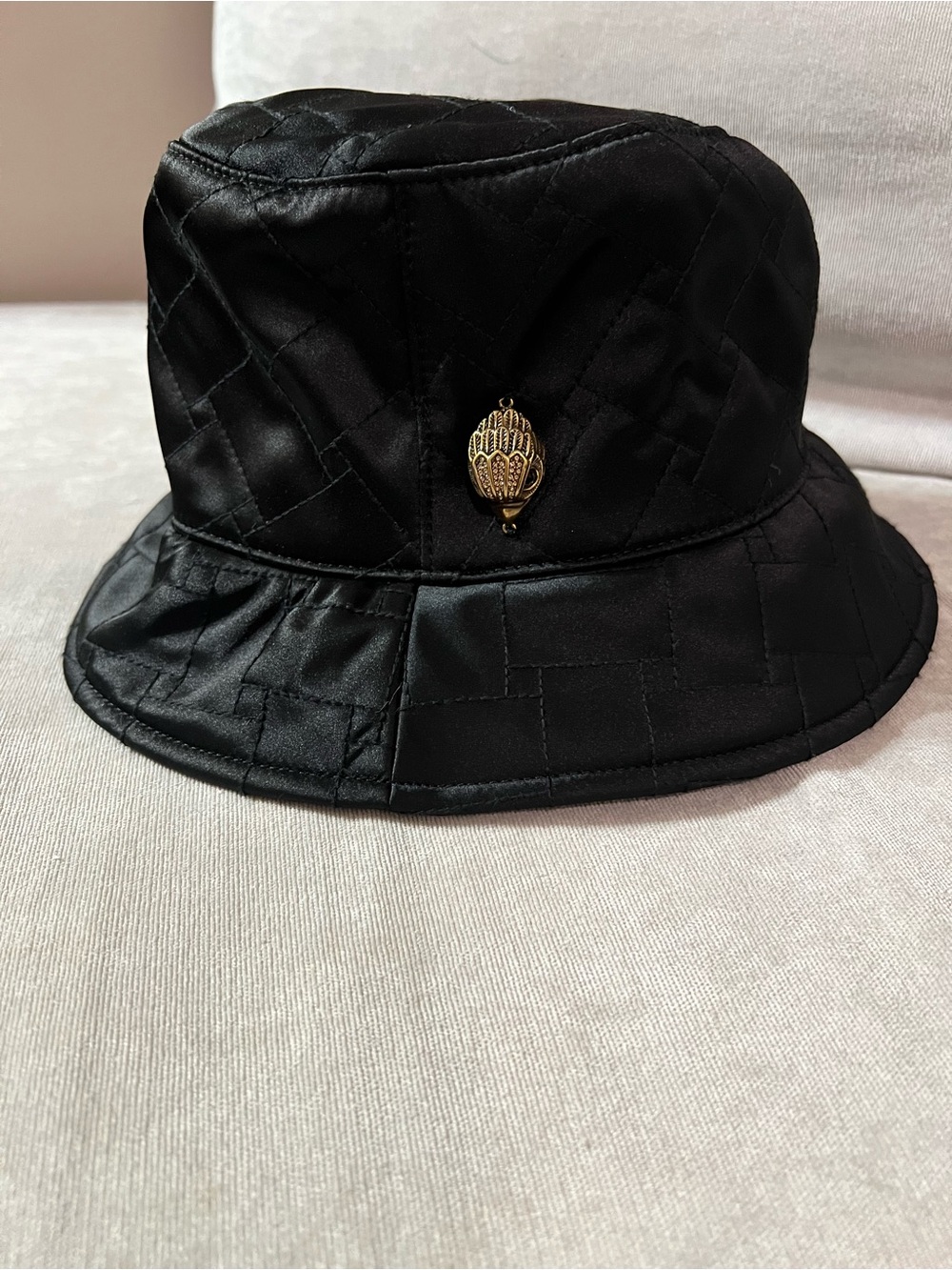 Kurt Geiger Black Quilted Satin Bucket Hat with Gold Accent